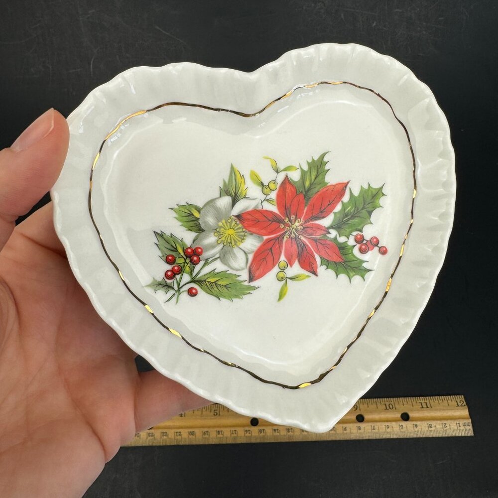 Vtg Heart Shaped Royal Adderley Dish Poinsettia Holly Christmas w Gold Accents